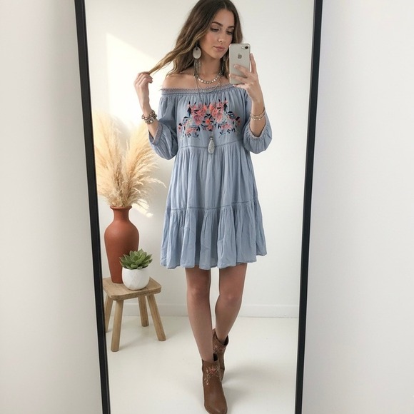 Free People Dresses & Skirts - Free People Mini Dress XS Baby Blue Embroidered Off Shoulder Tiered Boho Coastal